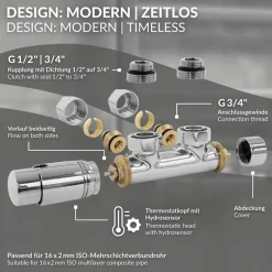 Ventil-Armaturen Set Multiblock Chrom Eckform inkl. Thermostatkopf LuxeBath-ECD Germany