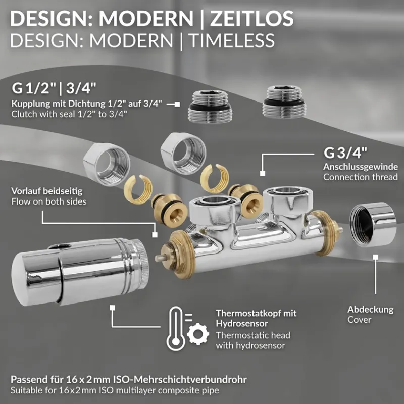 Ventil-Armaturen Set Multiblock Chrom Eckform inkl. Thermostatkopf LuxeBath-ECD Germany