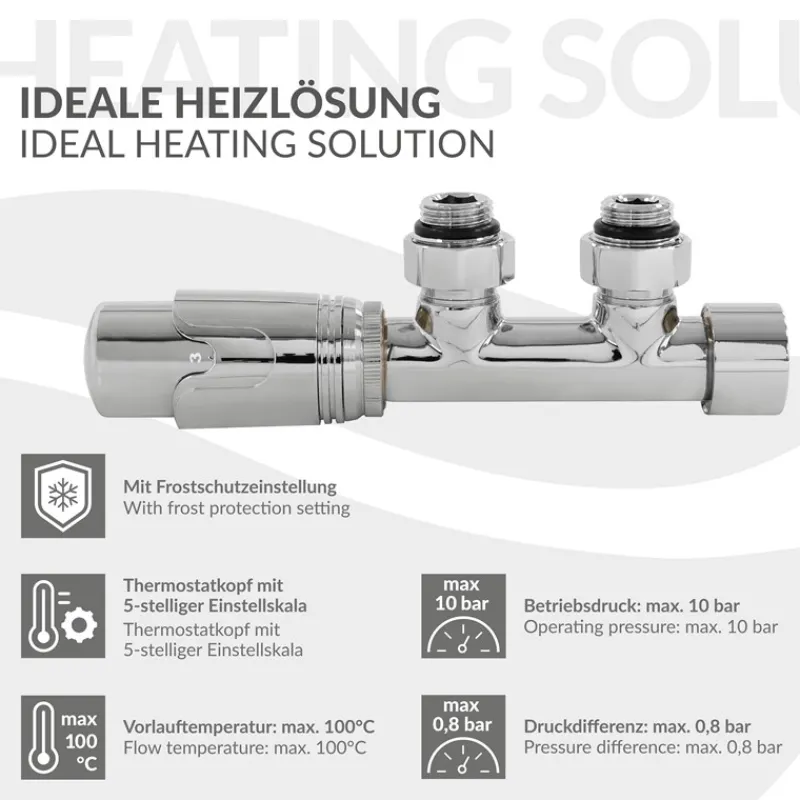 Ventil-Armaturen Set Multiblock Chrom Eckform inkl. Thermostatkopf LuxeBath-ECD Germany