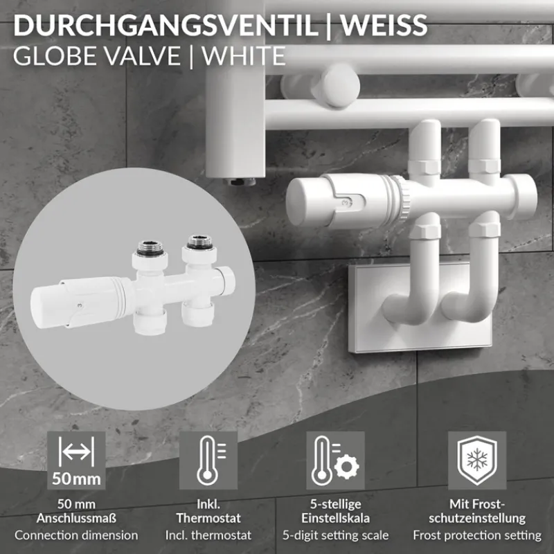 Ventil-Armaturen Set Multiblock Weiß Durchgangsform inkl. Thermostatkopf LuxeBath-ECD Germany Clearance