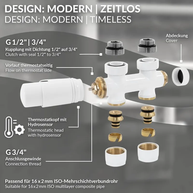 Ventil-Armaturen Set Multiblock Weiß Durchgangsform inkl. Thermostatkopf LuxeBath-ECD Germany Clearance