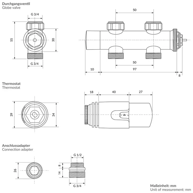 Ventil-Armaturen Set Multiblock Weiß Durchgangsform inkl. Thermostatkopf LuxeBath-ECD Germany Clearance