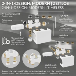 Ventil-Armaturen Set Weiß Universal für Eck- und Durchgangsform inkl. Thermostatkopf LuxeBath-ECD Germany Hot