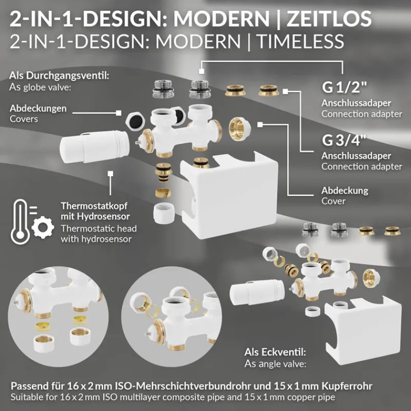 Ventil-Armaturen Set Weiß Universal für Eck- und Durchgangsform inkl. Thermostatkopf LuxeBath-ECD Germany Hot