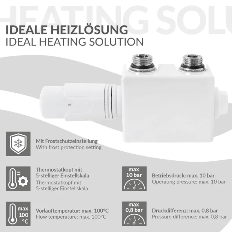 Ventil-Armaturen Set Weiß Universal für Eck- und Durchgangsform inkl. Thermostatkopf LuxeBath-ECD Germany Hot