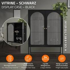 Vitrinenschrank doppeltürig 85x102x40 cm Vitrine mit 2 Einlegeböden Schwarz aus Stahl ML-Design-ECD Germany New