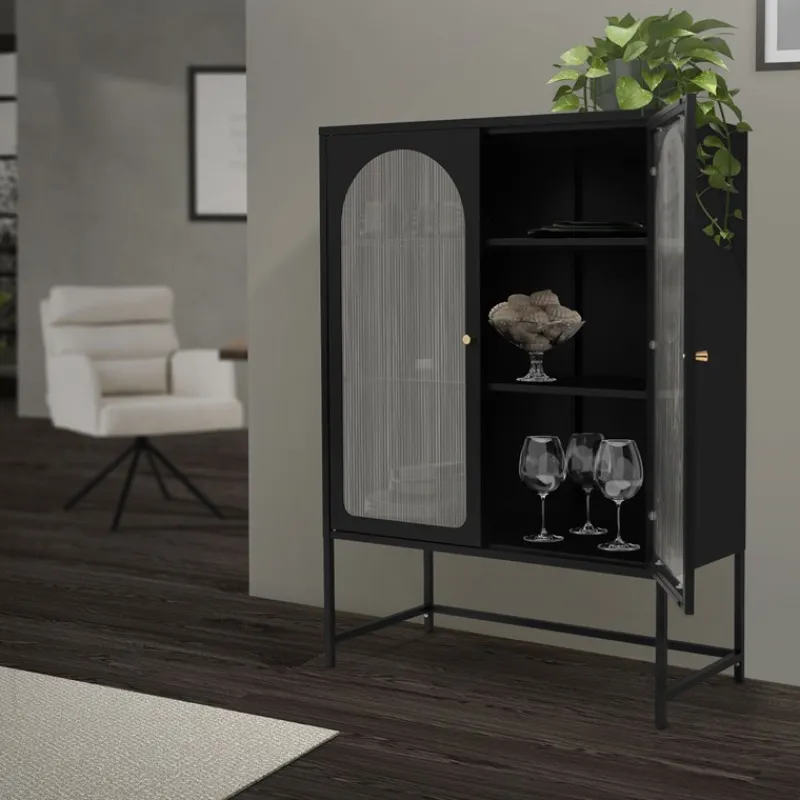 Vitrinenschrank doppeltürig 85x102x40 cm Vitrine mit 2 Einlegeböden Schwarz aus Stahl ML-Design-ECD Germany New