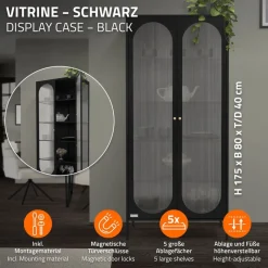 Vitrinenschrank doppeltürig 80x175x40 cm Vitrine mit 4 Einlegeböden Schwarz aus Stahl ML-Design-ECD Germany Best