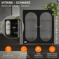 Vitrinenschrank doppeltürig 80x102,5x40 cm Vitrine mit 2 Einlegeböden Schwarz aus Stahl ML-Design-ECD Germany New