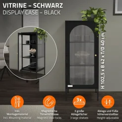 Vitrinenschrank mit Scheibe 42x102,5x40 cm Vitrine mit 2 Einlegeböden Schwarz aus Stahl ML-Design-ECD Germany