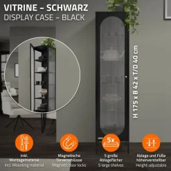 Vitrinenschrank 42x175x40 cm Vitrine mit 4 Einlegeböden Schwarz aus Stahl ML-Design-ECD Germany Clearance