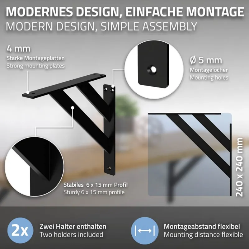 Wandkonsole Regalhalterung 2er Set 240 x 240 mm Schwarz aus Aluminium ML-Design-ECD Germany Discount