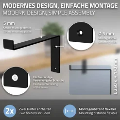 Wandkonsole Regalhalterung 2er Set 250 x 145 mm Schwarz aus Stahl ML-Design-ECD Germany Best