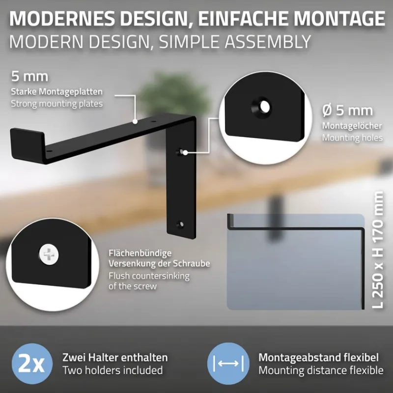 Wandkonsole Regalhalterung 2er Set 250 x 145 mm Schwarz aus Stahl ML-Design-ECD Germany Best