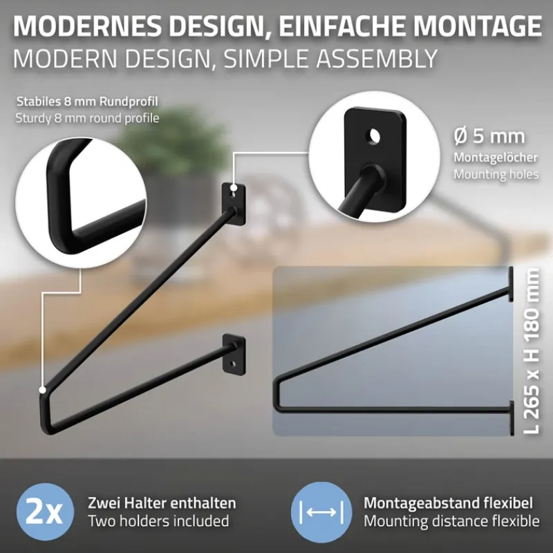 Wandkonsole Regalhalterung 2er Set 265 x180 mm Schwarz aus Stahl ML-Design-ECD Germany Sale