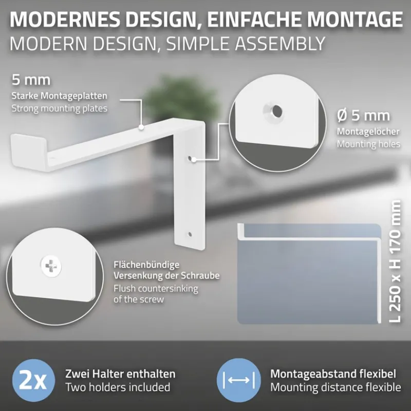 Wandkonsole Regalhalterung 2er Set 250 x 145 mm Weiß aus Stahl ML-Design-ECD Germany