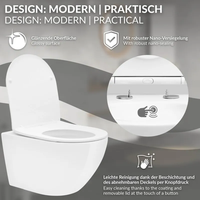 Wand-WC Hänge Toilette aus Keramik 54 cm lang Spülrandlos mit Nanoversiegelung & Softclose Luxebath-ECD Germany Outlet