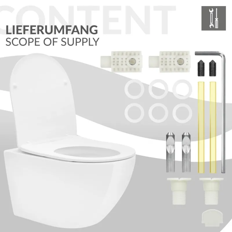 Wand-WC Hänge Toilette aus Keramik 54 cm lang Spülrandlos mit Nanoversiegelung & Softclose Luxebath-ECD Germany Outlet