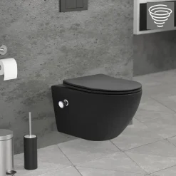 Wand-WC Hänge Toilette aus Keramik Matt Schwarz 54 cm lang Spülrandlos mit Bidet & Softclose Luxebath-ECD Germany Sale