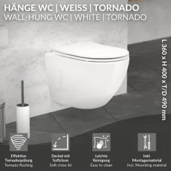 Wand-WC Hänge Toilette aus Keramik 49 cm lang Spülrandlos mit Softclose Luxebath-ECD Germany