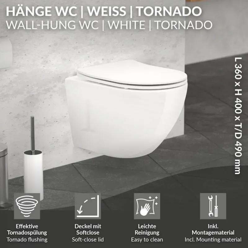 Wand-WC Hänge Toilette aus Keramik 49 cm lang Spülrandlos mit Softclose Luxebath-ECD Germany