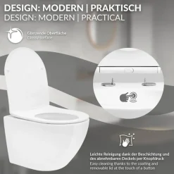Wand-WC Hänge Toilette aus Keramik 49 cm lang Spülrandlos mit Softclose Luxebath-ECD Germany