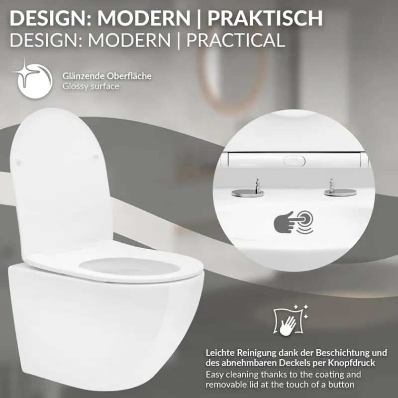 Wand-WC Hänge Toilette aus Keramik 49 cm lang Spülrandlos mit Softclose Luxebath-ECD Germany
