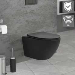 Wand-WC Hänge Toilette aus Keramik Matt Schwarz 54 cm lang Spülrandlos mit Nanoversiegelung & Softclose Luxebath-ECD Germany Best