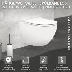 Wand-WC Hänge Toilette aus Keramik Matt Weiß 54 cm lang Spülrandlos mit Nanoversiegelung & Softclose Luxebath-ECD Germany