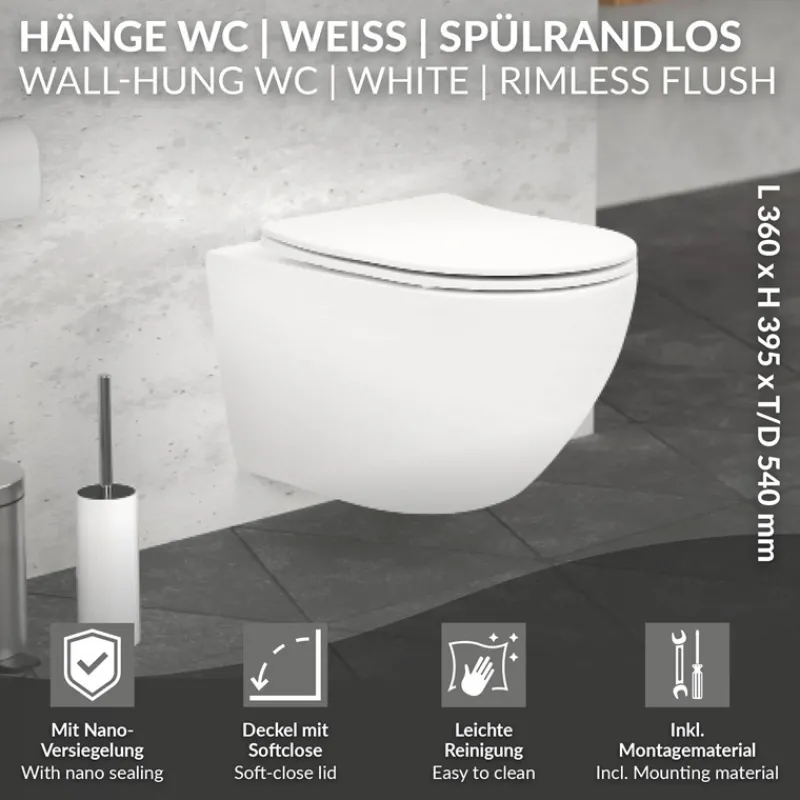 Wand-WC Hänge Toilette aus Keramik Matt Weiß 54 cm lang Spülrandlos mit Nanoversiegelung & Softclose Luxebath-ECD Germany