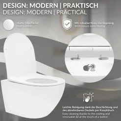 Wand-WC Hänge Toilette aus Keramik Matt Weiß 54 cm lang Spülrandlos mit Nanoversiegelung & Softclose Luxebath-ECD Germany