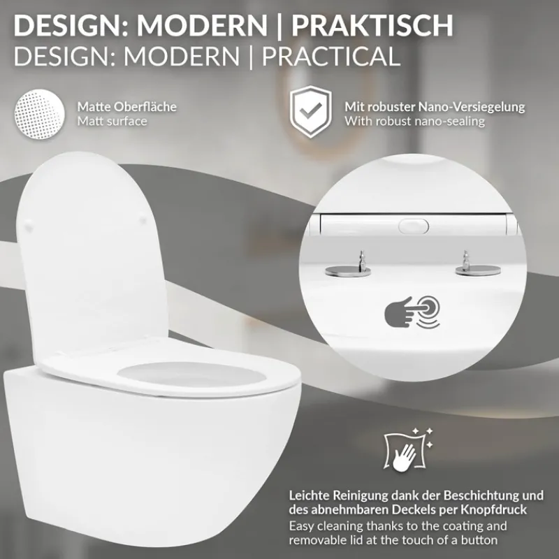 Wand-WC Hänge Toilette aus Keramik Matt Weiß 54 cm lang Spülrandlos mit Nanoversiegelung & Softclose Luxebath-ECD Germany