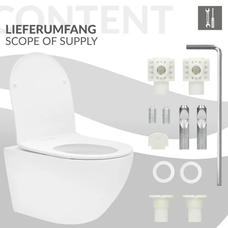 Wand-WC Hänge Toilette aus Keramik Matt Weiß 54 cm lang Spülrandlos mit Nanoversiegelung & Softclose Luxebath-ECD Germany