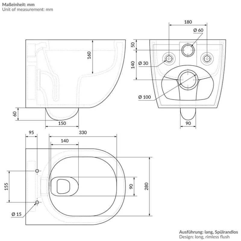 Wand-WC Hänge Toilette aus Keramik Matt Weiß 54 cm lang Spülrandlos mit Nanoversiegelung & Softclose Luxebath-ECD Germany
