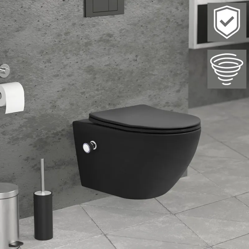 Wand-WC Hänge Toilette aus Keramik Matt Schwarz 54 cm lang Spülrandlos mit Bidet, Nanoversiegelung & Softclose Luxebath-ECD Germany Hot