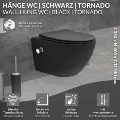 Wand-WC Hänge Toilette aus Keramik Matt Schwarz 54 cm lang Spülrandlos mit Bidet, Nanoversiegelung & Softclose Luxebath-ECD Germany Hot