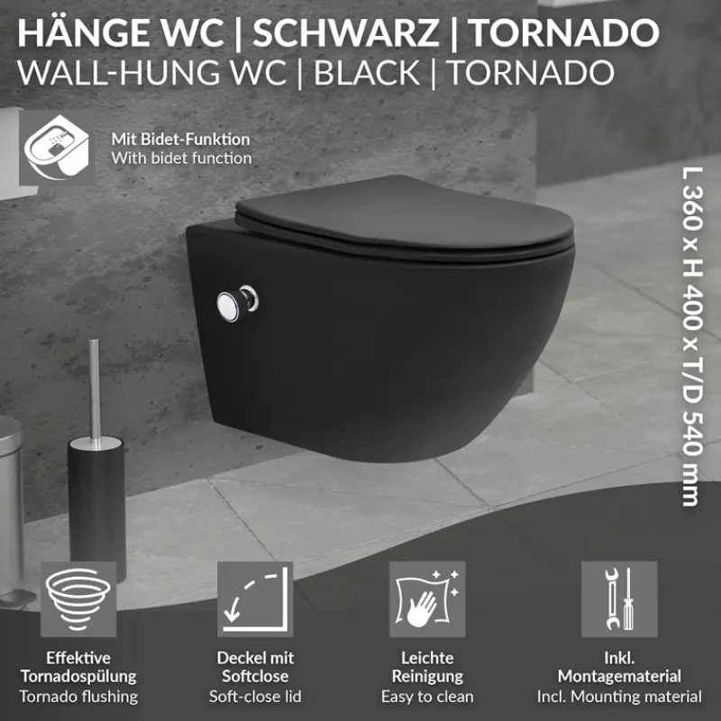 Wand-WC Hänge Toilette aus Keramik Matt Schwarz 54 cm lang Spülrandlos mit Bidet, Nanoversiegelung & Softclose Luxebath-ECD Germany Hot