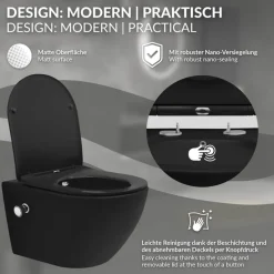 Wand-WC Hänge Toilette aus Keramik Matt Schwarz 54 cm lang Spülrandlos mit Bidet, Nanoversiegelung & Softclose Luxebath-ECD Germany Hot