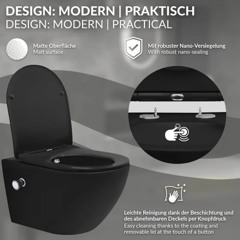 Wand-WC Hänge Toilette aus Keramik Matt Schwarz 54 cm lang Spülrandlos mit Bidet, Nanoversiegelung & Softclose Luxebath-ECD Germany Hot
