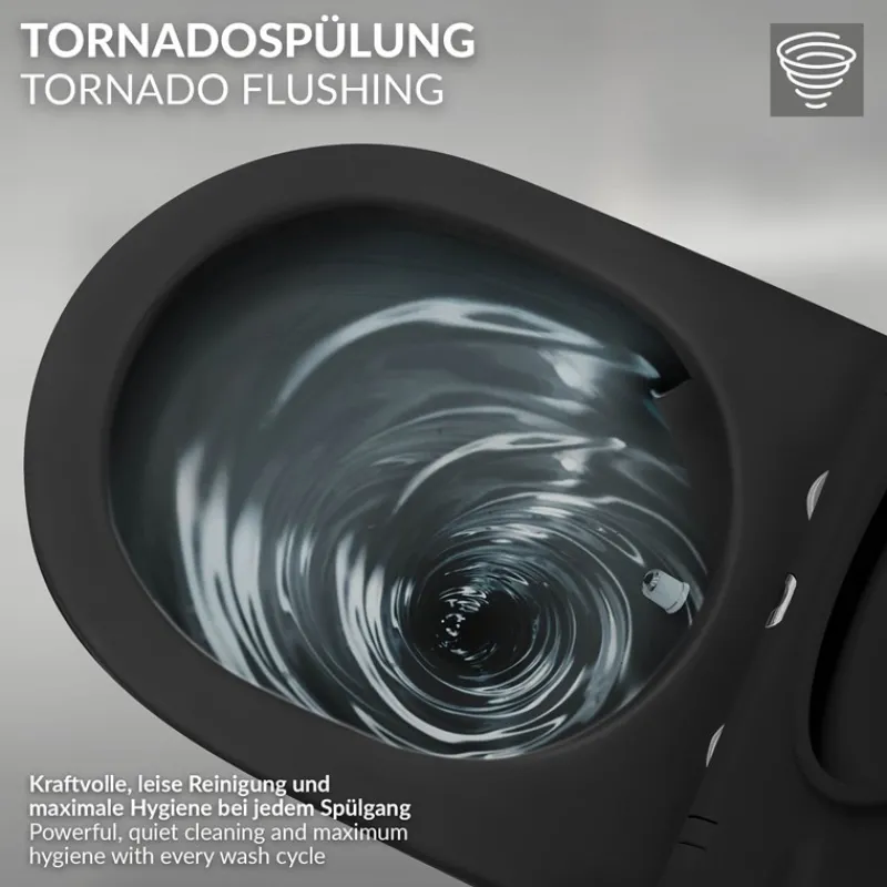 Wand-WC Hänge Toilette aus Keramik Matt Schwarz 54 cm lang Spülrandlos mit Bidet, Nanoversiegelung & Softclose Luxebath-ECD Germany Hot
