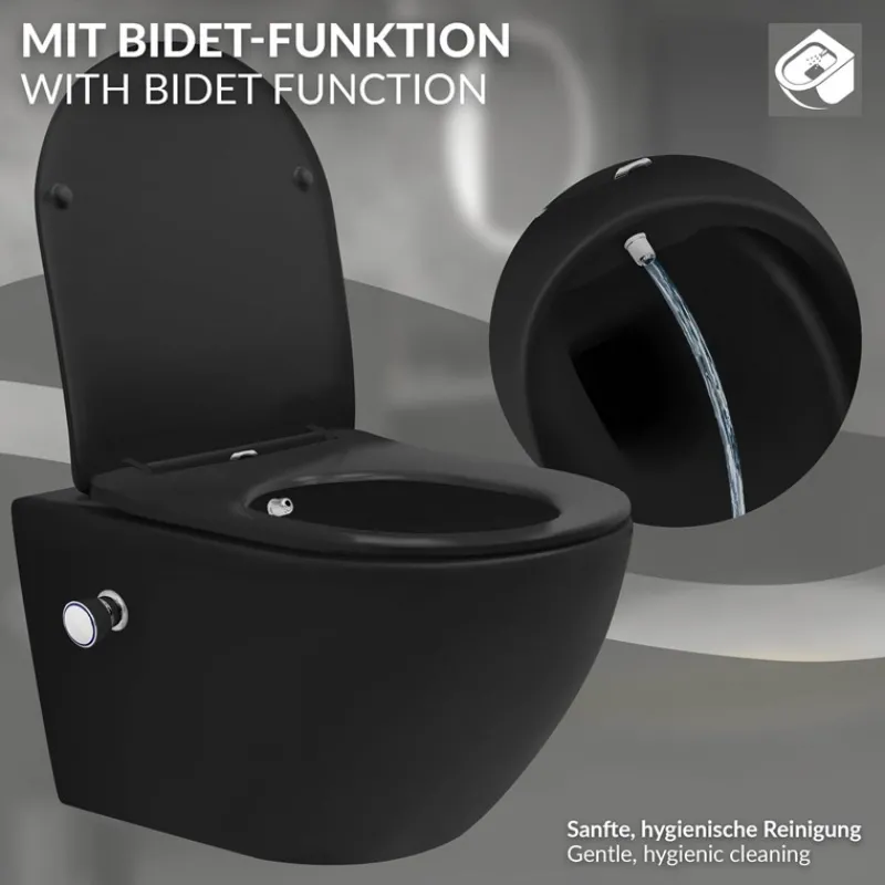 Wand-WC Hänge Toilette aus Keramik Matt Schwarz 54 cm lang Spülrandlos mit Bidet, Nanoversiegelung & Softclose Luxebath-ECD Germany Hot