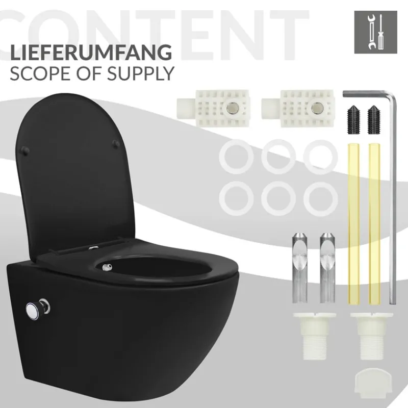 Wand-WC Hänge Toilette aus Keramik Matt Schwarz 54 cm lang Spülrandlos mit Bidet, Nanoversiegelung & Softclose Luxebath-ECD Germany Hot