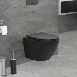 Wand-WC Hänge Toilette aus Keramik Schwarz matt 49cm lang Spülrandlos mit Nanoversiegelung & Softclose LuxeBath-ECD Germany