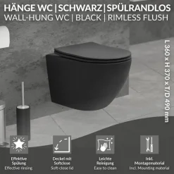 Wand-WC Hänge Toilette aus Keramik Schwarz matt 49cm lang Spülrandlos mit Nanoversiegelung & Softclose LuxeBath-ECD Germany