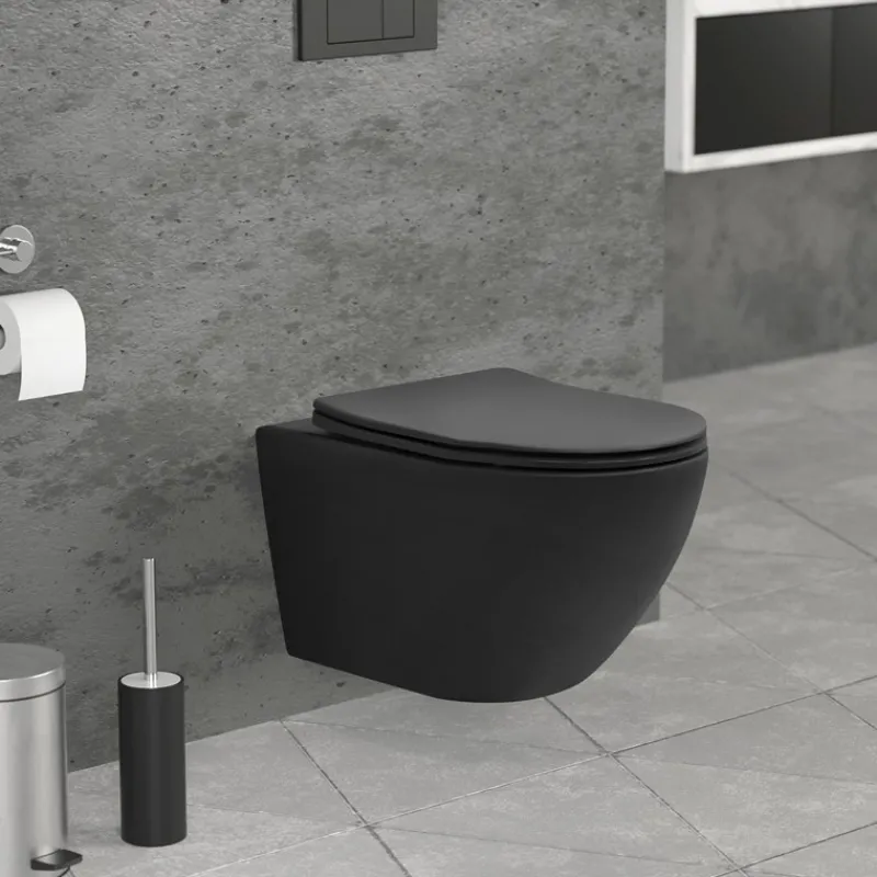Wand-WC Hänge Toilette aus Keramik in Schwarz matt 54cm lang Spülrandlos mit Softclose LuxeBath-ECD Germany Clearance