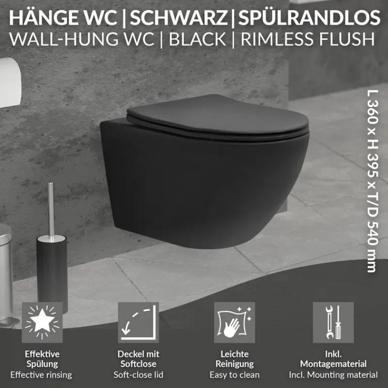 Wand-WC Hänge Toilette aus Keramik in Schwarz matt 54cm lang Spülrandlos mit Softclose LuxeBath-ECD Germany Clearance