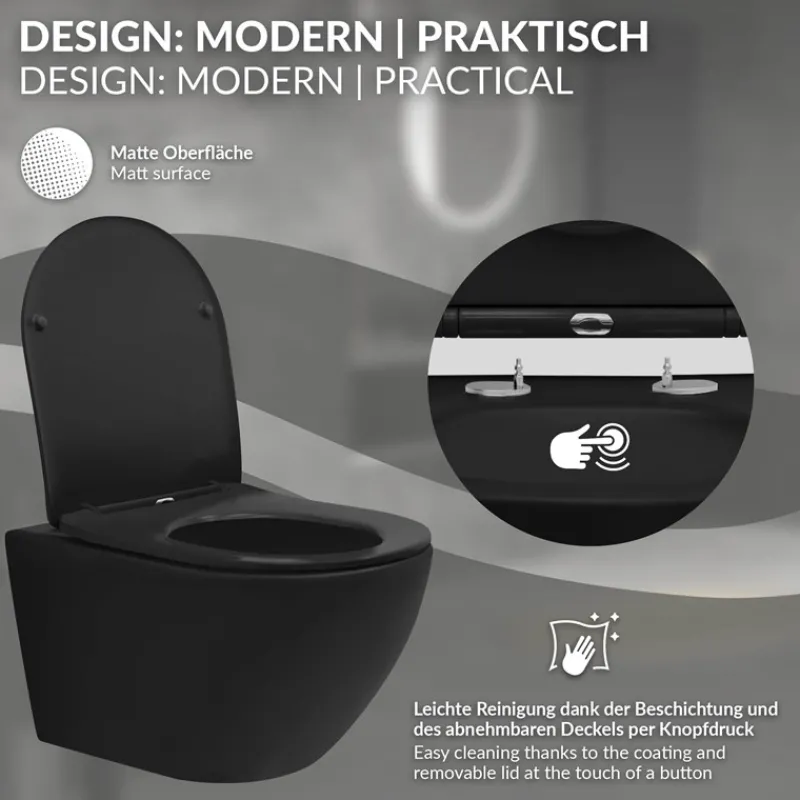 Wand-WC Hänge Toilette aus Keramik in Schwarz matt 54cm lang Spülrandlos mit Softclose LuxeBath-ECD Germany Clearance