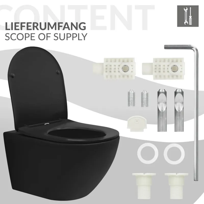 Wand-WC Hänge Toilette aus Keramik in Schwarz matt 54cm lang Spülrandlos mit Softclose LuxeBath-ECD Germany Clearance