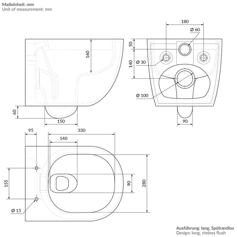 Wand-WC Hänge Toilette aus Keramik in Schwarz matt 54cm lang Spülrandlos mit Softclose LuxeBath-ECD Germany Clearance