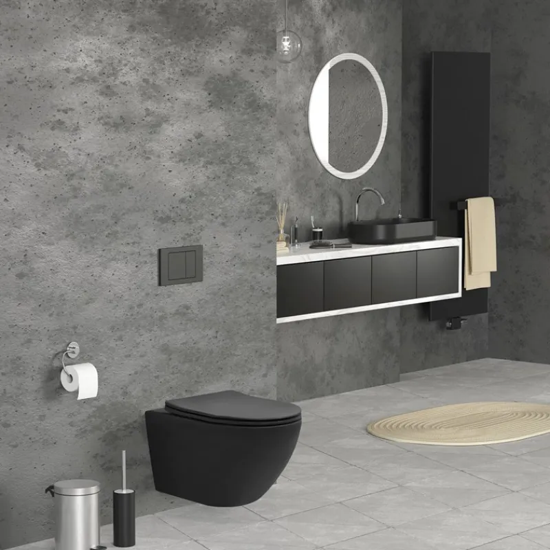 Wand-WC Hänge Toilette aus Keramik in Schwarz matt 54cm lang Spülrandlos mit Softclose LuxeBath-ECD Germany Clearance